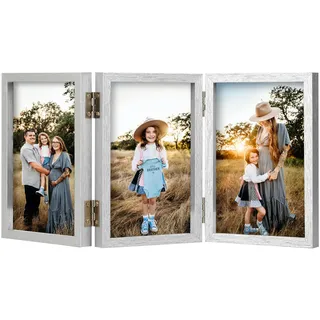AVEAX Bilderrahmen 13 x 18 cm, Silberfarben, Dreifach-Bilderrahmen Collage 13 x 18 cm aus Holz mit Glasfront, Fotorahmen klappbarer Standfuß für vertikale Aufstellung auf dem Schreibtisch