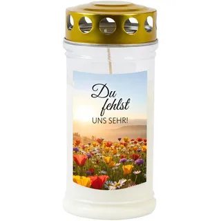 Grabkerze - Gedenkkerze Motiv "Du fehlst uns sehr!" 70-90 Std. Brenndauer Trauerkerze - Langlebig, 100% Pflanzenöl, Weiß mit Golddeckel TLB