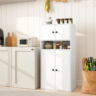 GIANTEX Bücherregal mit 4 Türen, Küchenschrank mit Verstellbarer Ablage & offenem Fach, Sideboard für Küche, Wohnzimmer, Esszimmer, 54 x 30 x 111 cm (Weiß)