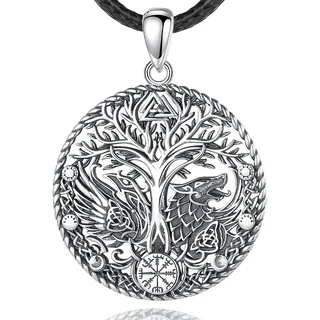 AEONSLOVE Lebensbaum Kette Wikinger Damen Herren Yggdrasil Odin Raben und Wolf Halskette Silber 925 Amulett Nordischer Wikinger Anhänger Talisman Rune Schmuck Glücksbringer Geschenke