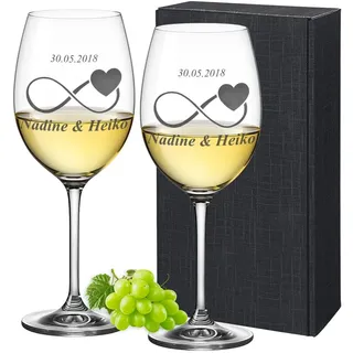 2 Leonardo Weingläser Personalisiert mit Gravur - Geschenk zur Verlobung, Hochzeit für Paare mit Name und Datum Hochzeitsgeschenk, Weißweingläser Motiv Unendlichkeit mit Herz