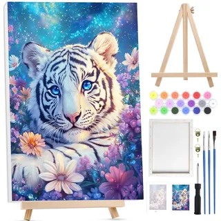 Bowetile Weißer Tiger Malen nach Zahlen für Erwachsene mit Rahmen, Zahlenmalerei Set für Anfänger mit Holzstaffelei Leinwand Kit, DIY Gemälde Bastelset auf Leinwand mit Pinseln Home Decor 20x30cm