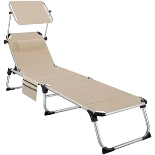 tectake Sonnenliege aus Aluminium Lorella, 200 x 60,5 x 34 cm, mit Seitentasche, beige , Beige , Kunststoff , 60.5x115x200 cm , Gartenmöbel, Gartenliegen