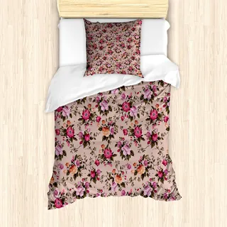 ABAKUHAUS Blume Mantele, Blumenmuster mit Rose, Milbensicher Allergiker geeignet mit Kissenbezügen, 135 cm x 200 cm - 80 x 80 cm, Tan Rosa Dunkelgrün