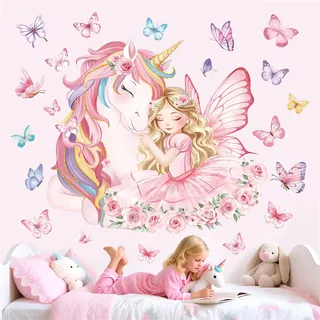 decalmile Wandsticker Einhorn Prinzessin Rosa Wandtattoo Schmetterling Blumen Wandaufkleber Mädchen Kinderzimmer Schlafzimmer Babyzimmer Wanddeko