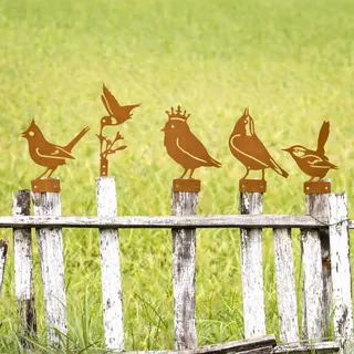 5 Stück Rost Vogel Gartendeko für Draußen Rust Vögel Garten Deko Frühling, Gartendeko für Draußen Wetterfest, Metall Vogel Baumstecker mit Schraube für Holz Zaunfiguren Garten deko Frühling Bäumedeko