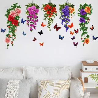 milaosk Wandtattoo Wandaufkleber Künstliche Pflanzen Hängend Blumenranke Schmetterling Küche Bad Wohnzimmer Wandsticker Wandbild Wanddeko Selbstklebend Aufkleber