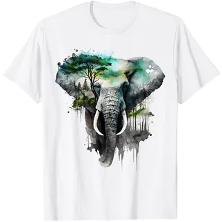 Elefant Baum Wald Tierdruck Kunst Tierliebhaber Elefant T-Shirt, Herren, Weiß, M