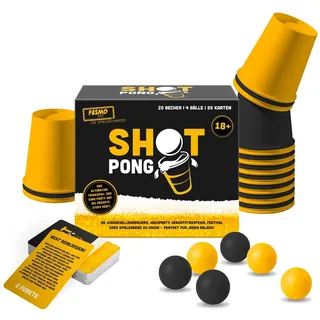 Pasmo Shot Pong – Trinkspiel & Beer Pong Set mit 55 Karten, 20 Bechern & 4 Bällen – Lustige Partyspiele ab 18 für Erwachsene, JGA Spiele & Mädelsabend