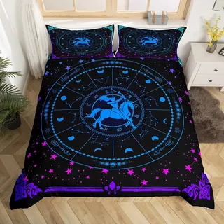 Homewish Schützen 135x200 Bettbezug,Trippy Sternzeichen Astrologie Bettwäsche Set Zwölf Sternbilder Thema Tröster Abdeckung,Glitter Sternenhimmel Sterne Bett Set,Lila Teal