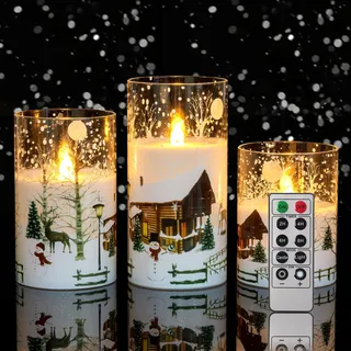 CANDLE IDEA Weiße flackernde flammenlose Weihnachtskerzen mit Schneemann-Aufkleber, batteriebetriebene LED-Fenster-Stumpenkerzen mit 10-Tasten-Fernbedienung und Timer-Funktion für Urlaub,