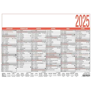 Zettler - Namenstagekalender 2025 weiß/rot, 29,7x21cm, Plakatkalender mit Jahresübersicht, 6 Monate auf 1 Seite, Namenstage, Arbeitstage-, Tages- und Wochenzählung und deutsches Kalendarium
