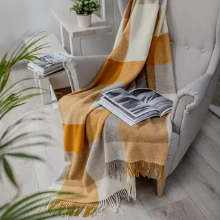 Linen & Cotton Luxus Stilvolle Decke, Tagesdecke, Wolldecke Devon - 100% Neuseeland-Wolle (140 x 200cm, Senfgelb)