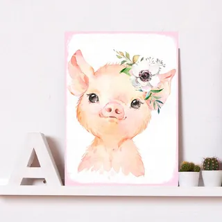 queence Metallbild »Galva«, Blumen-Schwein-Tiere, (1 St.), Stahlschild, Blechschild, Ferkel, niedlich, Wanddeko, Blumenkranz, weiß
