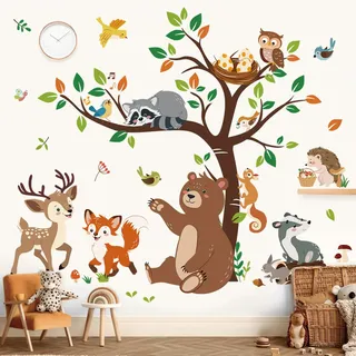 decalmile Wandsticker Waldtiere Baum Wandtattoo Bär Hirsch Fuchs Tiere Wandaufkleber Kinderzimmer Babyzimmer Schlafzimmer Wanddeko