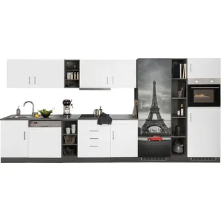 Küchenzeile KOCHSTATION "KS-Paris – Küchen mit einzigartigen Fotomotiven auf den Fronten", weiß (küche: weiß, front: weiß, korpus: grafit, arbeitsplatte: anthrazit), B:400cm H:200cm T:60cm, Komplettküchen-Sets, Küchenzeile, Breite 400 cm, wahlweise mit E-Geräten und Induktion