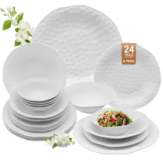 Geschirrset 6 Personen, 24-teilig Tafelservice, Porzellan Geschirr Set je Speiseteller, Dessertteller, Müslischalen, Salatschüssel, Kombiservice, Weiß Nettoform