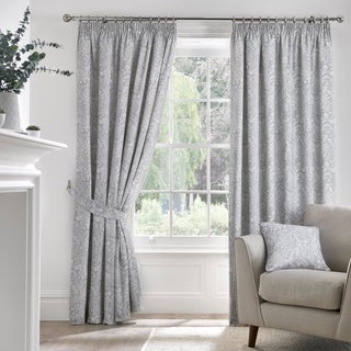 Dreams & Drapes Graue jakobinische Vorhänge B 66 x L 72 (168 x 183 cm) – 2 Paneele – 100% Baumwolle – 2 Vorhänge Raffhalter – Vorhänge mit Blumenmuster und Bleistiftfalten – Vintage-Vorhänge in