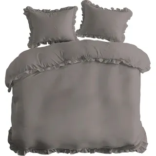 Bettwäsche, Baumwollbettwäsche mit Rüschen, Boho-Stil, Knopfverschluss 200x220 Warmes Grau - Grau