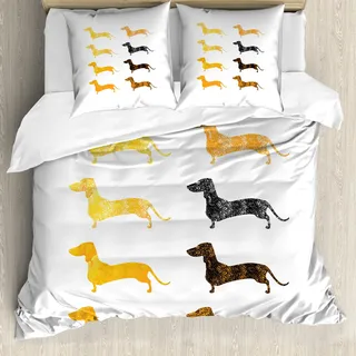 ABAKUHAUS Dackel Bettbezug, Vintage Silhouetten, Milbensicher Allergiker geeignet mit Kissenbezügen, 200 cm x 200 cm - 80 x 80 cm, Marigold Schwarz Orange - Schwarz
