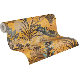 Grolls Livingwalls Metropolitan Stories 2 Vliestapete mit floralem Muster 0,53 x 10,05 m – Gelb, Braun, Blau – moderne Tapete mit Blättermotiv Made in Germany – 378601