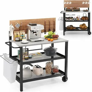 KOMFOTTEU Grillwagen mit klappbarer Tischplatte, Outdoor Servierwagen mit Haken, Handtuchhalter, Müllbeutelhalter & 3-stufigem Stauraum, Grilltisch Pizzaofenständer Rollwagen - Schwarz