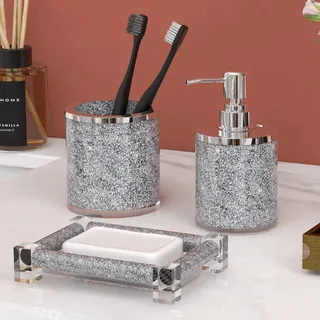 SHYFOY Badezimmer-Zubehör-Set, 3-teilig, silberfarbene Kristalle, zerkleinerter Diamant, Badezimmer-Zubehör-Dekor-Sets, Glas-Bade-WC-Set, Zahnbürstenhalter, Seifenschale