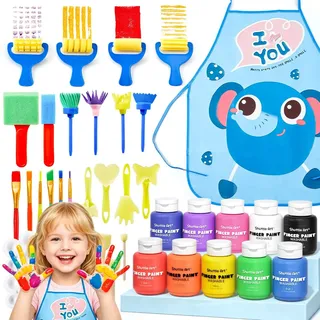 Shuttle Art 33-teiliges Fingermalset für Kinder, waschbar (10 Farben x 60 ml), mit Pinsel, Stempel, Schwamm, Palette, waschbar, ungiftig, zum Basteln