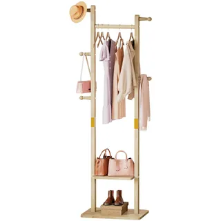 Yorbay Garderobenständer Holz Freistehende Kleiderständer: mit Ablagen Haken Kleiderstange - Massivholz Garderobe für Kleidung Hut Jacken Tasche - für Wohnzimmer Schlafzimmer (38cm)