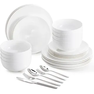 HIKAA Geschirrset und Besteck Set 8 Personen, 18/10 Bestecksets und Porzellan Geschirr Set, Teller Set Mikrowellen und Spülmaschinenfest, Cutlery Set für Zuhause, Restaurant, Hochzeit, (Silber/Weiß)