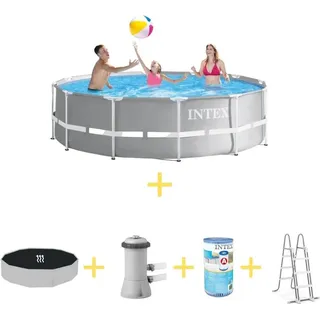 Intex Prism Frame Pool - 366 x 99 cm - Inklusive Solarsegel, Filterpumpe, Filter & Poolleiter - Grau