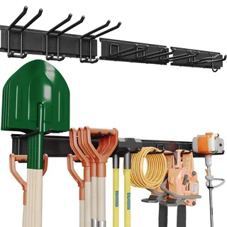 BONTEC Wandmontierter Werkzeughalter, 336 kg Tragfähigkeit, 3 Rail Panels, Verstellbare Garage Wandregale mit 8 Haken, Besenhalter, Gartengeräte Aufbewahrung, Stabil und Rostbeständig, Schwarz