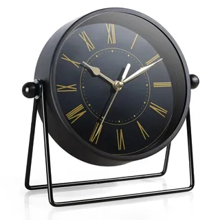 AYRELY® Vintage Metall-Tischuhr – Leise Kaminuhr ohne Ticken mit verstellbarem Winkel, Analoge Standuhr im Retro-Stil für Wohnzimmer, Regal, Kamin & Büro (Schwarz/Gold)