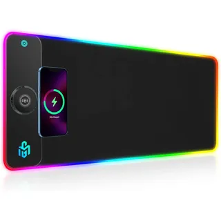 RGB Gaming Mauspad 15W Qi Mousepad LED, 10 Beleuchtungsmodi mit 15W Schnellladung Qi Kabelloses Laden für I-Phone Handy, Kopfhörer, Wasserdicht, rutschfest für Gaming, Schreibtische, PC und Büro