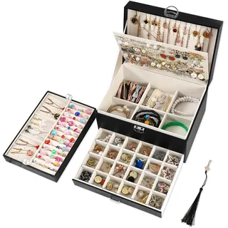 BOOVO Schmuckkästchen für Damen und Mädchen, Ohrring-Organizer, 5 Ebenen, Schmuck-Organizer mit Schloss, Ohrringhalter, für Halsketten und Ringe, Schwarz
