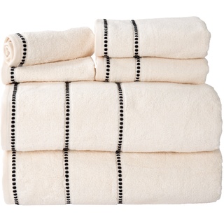 Lavish Home Luxury Cotton Towel Set- Quick Dry, Zero Twist and Soft 6 Piece Set with 2 Bath Towels, 2 Hand Towels and 2 Washcloths by Bone/Black