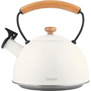 briebe Nordic Wasserkessel Induktion 2,3L, Flötenkessel, Edelstahl Teekessel Alle Herdarten, GlasKeramikherd, Gas, Elektroherd, Holzgriff Cool-Touch, für Tee Kaffee, Tea pot, Weiß