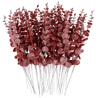 FEQO Rote Eukalyptusstiele, künstliche Eukalyptusblätter, Dekoration, Eukalyptuszweige, künstlicher Eukalyptus mit künstlichen Blättern, 38,1 cm, künstlicher Eukalyptusstiel für Vase, Hochzeitsstrauß,