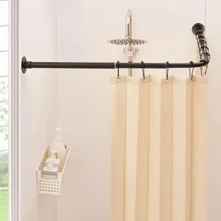 Mirooyu Duschvorhangstange L Form [61-121 cm] x [61-121 cm] Eckduschstange mit Doppel-Schiebesystem, 90° Grad Winkelstück Duschstange, 12 Haken & Deckenstütze für Badewanne, Dusche & Außenbereich