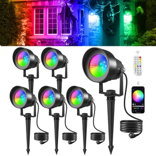 T-SUN RGB Gartenbeleuchtung LED mit Fernbedienung und App Steuerung, IP65 Wasserdicht Gartenleuchten mit Strom, 16 Farben 44 Dynamische Modi RGB gartenstrahler für Außen, Rasen, Baum, Wegen(6 Stück)