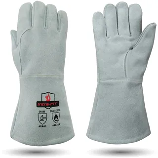 Intra-FIT Leder Grillhandschuhe Kaminhandschuhe–Hitzebeständig bis 500 °C,feuerfestes Rinds-Spaltleder,EN407 & EN388,lange Stulpen für Ofen, Feuerstelle, Schweißen, Schmiede, BBQ & Feuerwehr(Grau,XXL)