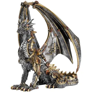 HEINBOW Steampunk-Drachenstatue, Gothic, Retro, mechanisches Zahnrad, sitzender Drache, Metallic-Look, Harz-Skulptur für Zuhause, Männerhöhle, Dekoration, 30,5 cm hoch