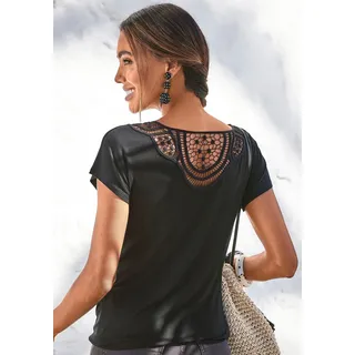 Kurzarmshirt VIVANCE "mit sommerlicher Häkelspitze am Rücken", Damen, Gr. 40/42, schwarz, Single Jersey, Obermaterial: 95% Viskose (LENZINGTM ECOVEROTM), 5% Elasthan. Spitze: 100% Baumwolle, unifarben, lässig geschnitten normal, Rundhals, angeschnitten, Shirts Kurzarmshirt, aus luftigem Viskose-Stretch, Topseller