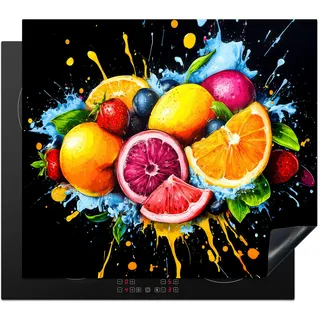 KitchenYeah© Herdabdeckplatte Einteilig Abdeckplatten Glaskeramikkochfeld | 60x52 cm - Abdeckung Glaskeramikkochfeld Herdplattenabdeckung Induktionsmatte Obst - Graffiti - Farbenfroh - Orange - Erdbeere