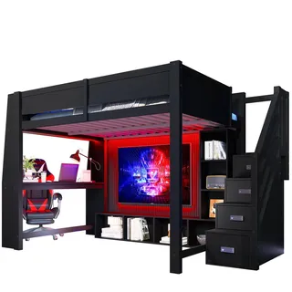 Redom Hochbett 140/200 cm aus Holz mit Schreibtisch, LED-Beleuchtung, Stauraumtreppe und Schränken, Schwarz , Holzwerkstoff , 140x200 cm , Babymöbel & Kindermöbel, Kinderzimmer & Jugendzimmer, Kinderbetten, Hochbetten
