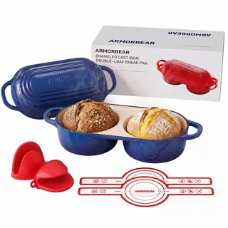 ARMORBEAR Double Dutch Oven, Brotbacktopf aus Gusseisen für Sauerteig, Blau | Doppel-Brotbackform mit Deckel für 2 kleine Brote gleichzeitig, ideal für Sauerteig und Mini-Laibe