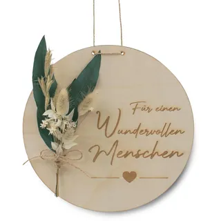 VmG-Store Holzscheibe mit Gravur und Blumen 20cm Durchmesser runde Holzdeko zum Aufhängen Türschild Deko Geschenk Natur Holz Wanddeko für Wohnzimmer Flur (02 Freundschaft, Weiß)