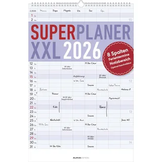 ALPHA EDITION GmbH & Co. KG Alpha Edition - Superplaner XXL 8 Spalten 2026 – Familienkalender 34×49,5 cm mit 8 Spalten & Notizbereich, großer Familienplaner & Wandkalender mit Ferienterminen für Familien, Teams & Vereine