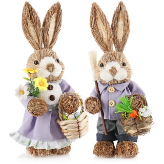 com-four® 2X Stroh Osterhase handgemacht - Deko-Osterhase zur Osterdekoration - Strohfiguren für Ostern - Deko-Hase aus Stroh - handgefertigte Hasen (02 Stück - Flieder/weiß)