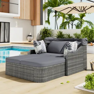 STILVORA Sonneninsel mit verstellbarem Baldachin aus PE-Rattan, Gartenlounge Set wetterfest, Doppel-Lounge mit 4 Kissen und abnehmbarem Kissenbezug Grau - Grau